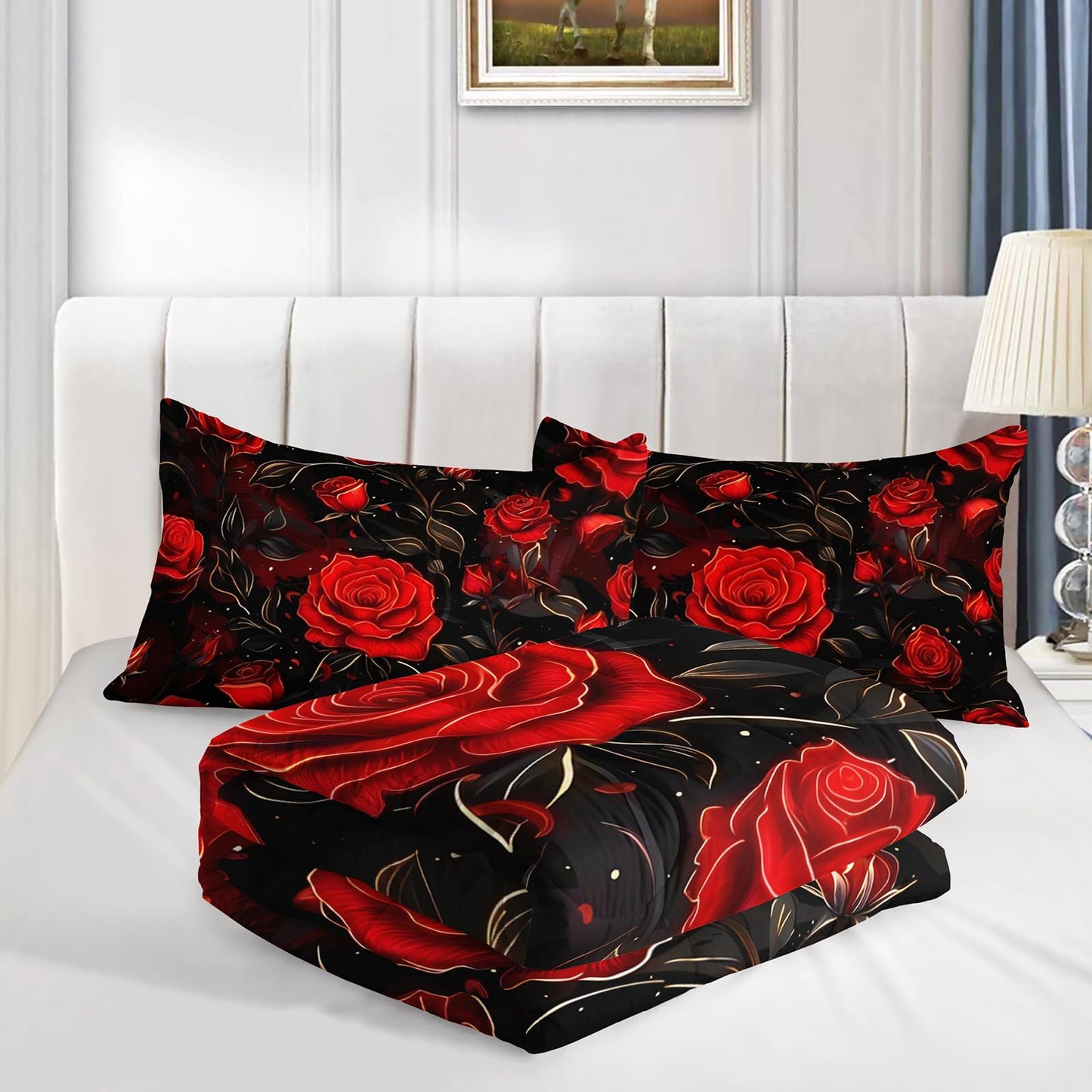AILONEN Red Bloom Full Comforter Set 3 Piece, Black Botanical Bedding, Golden Leaf Romantic Flower Pattern, Teen Room, 2 Pillowcases