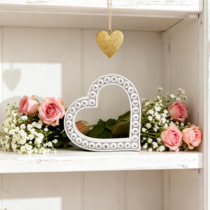 JUMBO DECOR Rustic Wooden Heart Table Decorations Sign with Beaded Design, Farmhouse Freestanding White Heart Shaped Home Family Table Decorations, Wedding Valentines Day Decor Mother's Day Gift