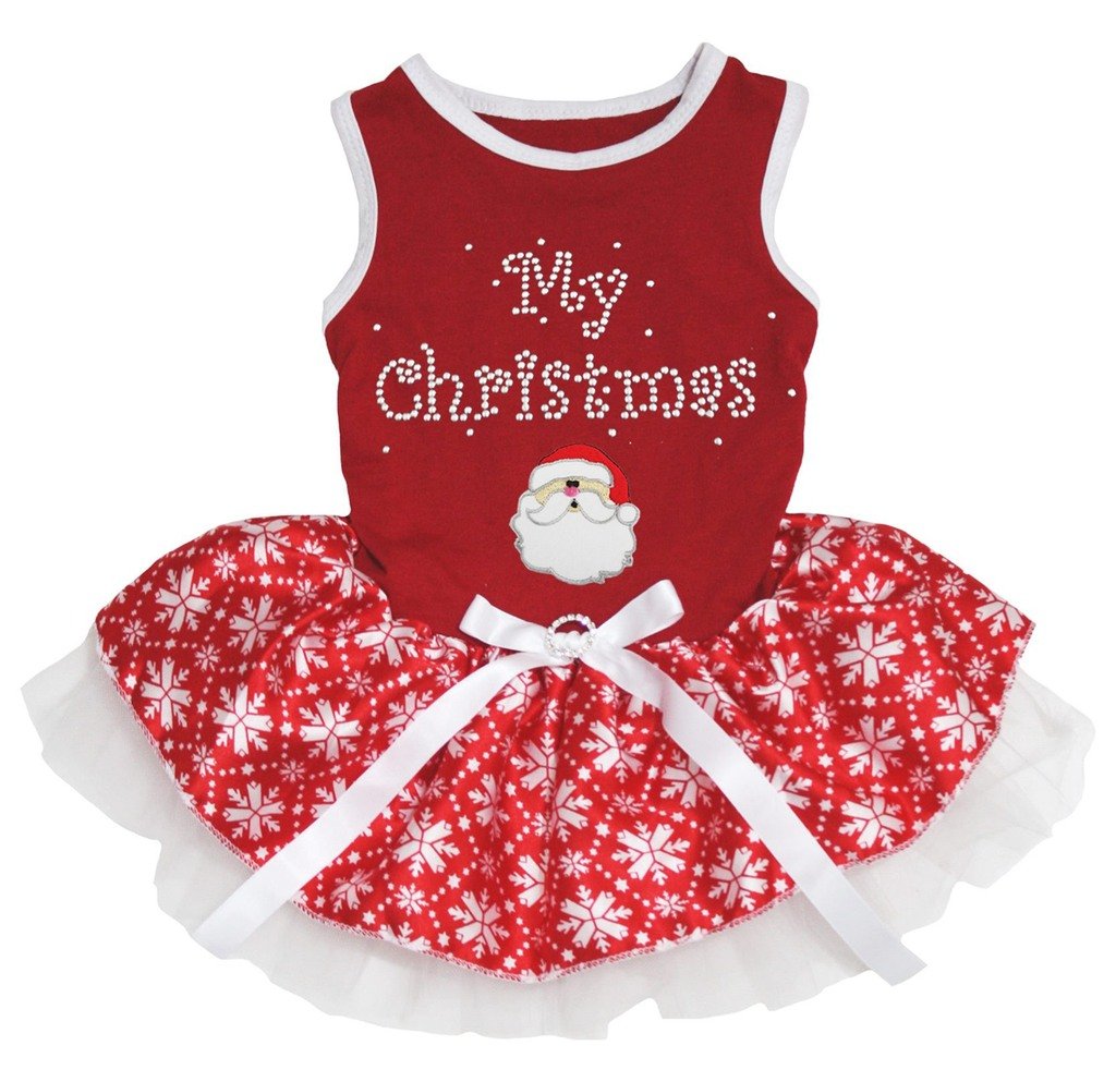 Petitebella My Christmas Santa Claus Puppy Dog Dress (Red/Red Snowflakes, XX-Large)