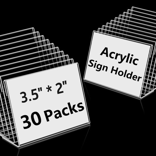 30 PCS Small Acrylic Sign Holder 3.5" x 2", Mini Acrylic Food Sign Labels for Party Buffet, Retail Price Display Holder, Clear Plastic Table Counter Top Stand for Place Cards, Name Card, Wedding Signs