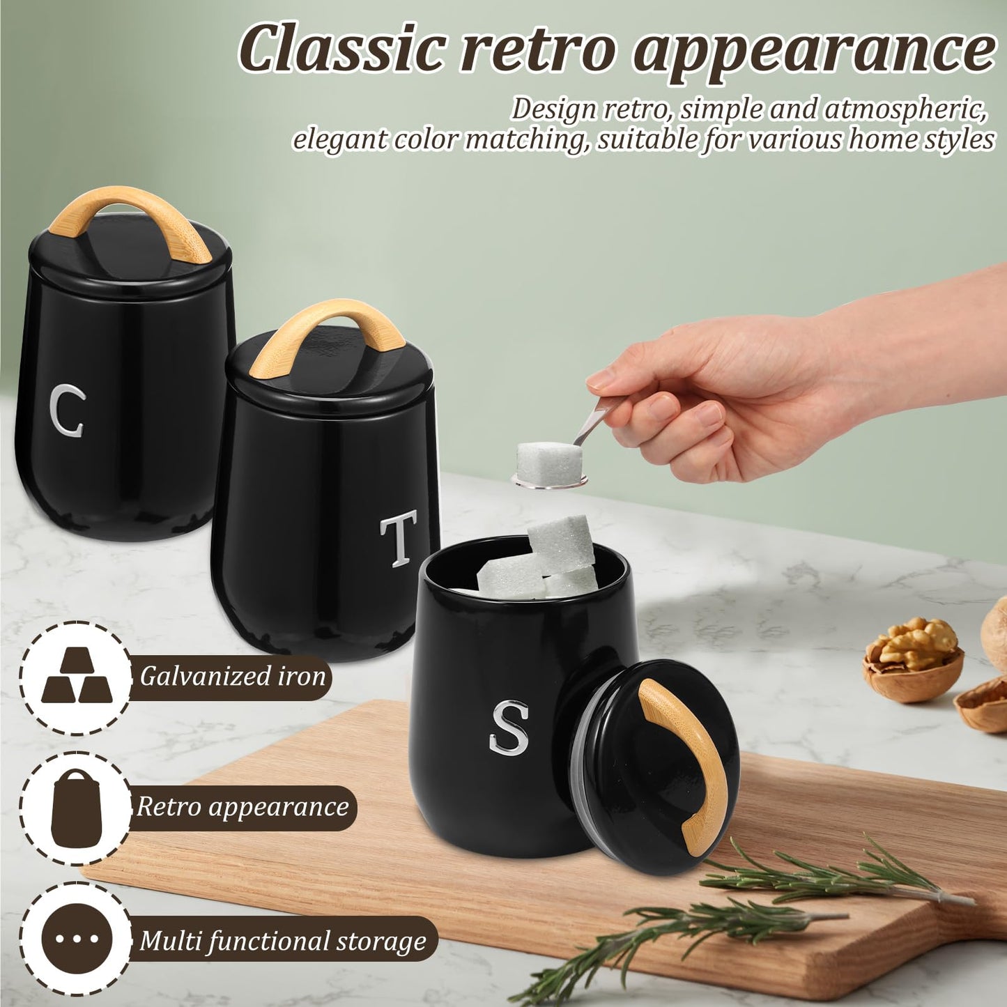 3Pcs Canisters Sets for Kitchen Countertop - Sugar and Coffee Container Set, Metal Moisture Proof Sealed Jar with Label, Kitchen Canisters for Coffee Beans, Tea, Sugar, Salt, Flour, Spices (Black)