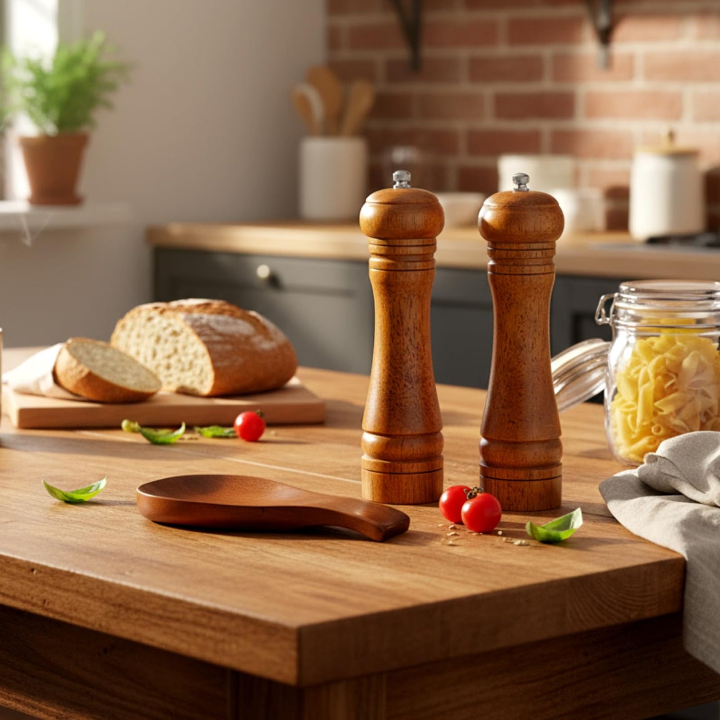 Patelai 3 Pcs Kitchen Counter Set Oak Wood Salt Pepper Grinder with Bamboo Spoon Rest Holder Modern Farmhouse Rustic Accessories for Kitchen Cooking Serving Dining BBQ Table Countertop Decoration
