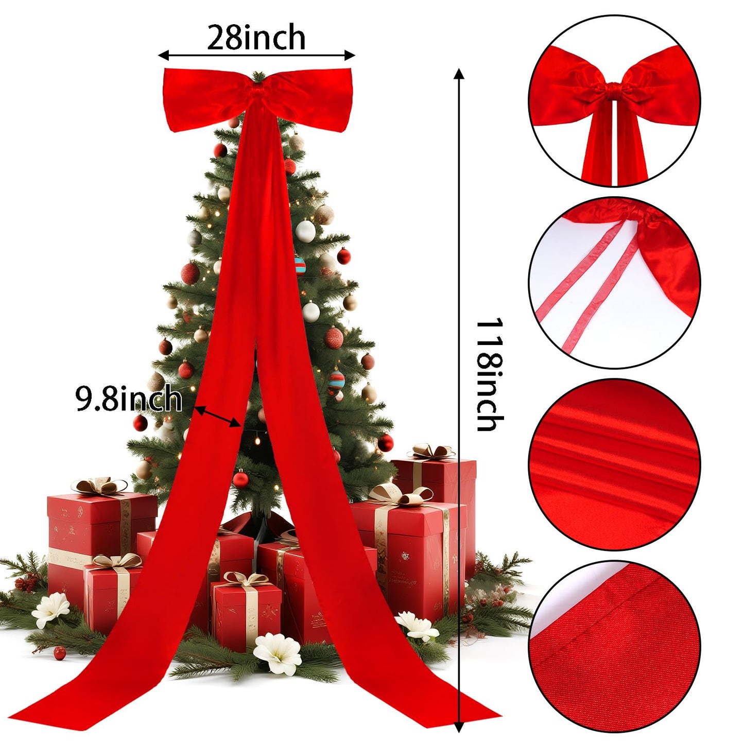 Giant Christmas Tree Bow Topper Big Bow for Christmas Tree Decorations 18X118In Tree Toppers Bows Big Red Bows for Wedding Birthday Party Wall Backdrop (Red)