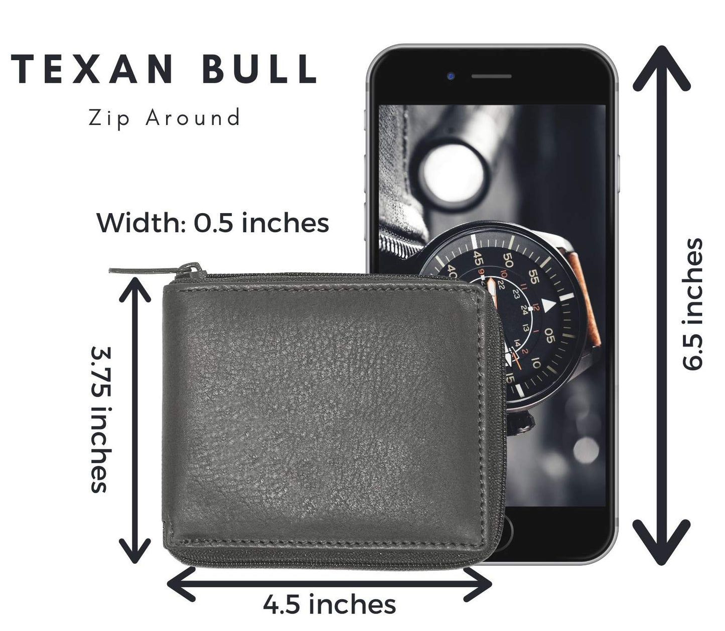 Texan Bull RFID Blocking Bifold Cowhide Leather Wallets For Men With Zipper Security | Safe Metal Zip Chain 9 Card-ID Slim Minimalist Mens Wallet (Gray)