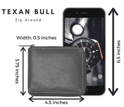 Texan Bull RFID Blocking Bifold Cowhide Leather Wallets For Men With Zipper Security | Safe Metal Zip Chain 9 Card-ID Slim Minimalist Mens Wallet (Gray)