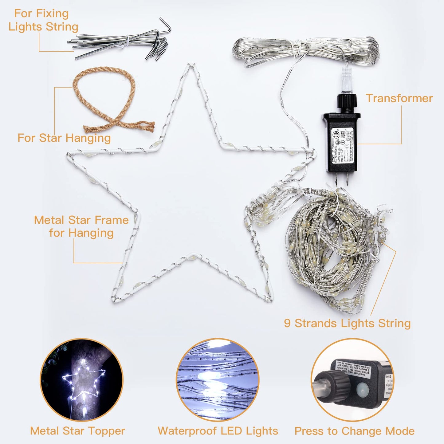 Christmas Decorations Star String Lights, 344 LED Waterfall Tree Lights with 11" Topper Iron Star Christmas Lights Indoor Outdoor Decorative for Wedding Party Home Holiday Decor (Pure White)