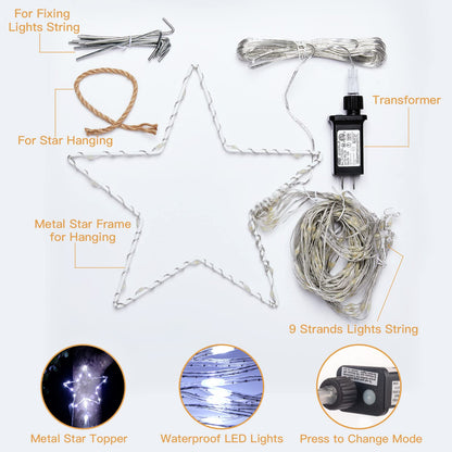 Christmas Decorations Star String Lights, 344 LED Waterfall Tree Lights with 11" Topper Iron Star Christmas Lights Indoor Outdoor Decorative for Wedding Party Home Holiday Decor (Pure White)