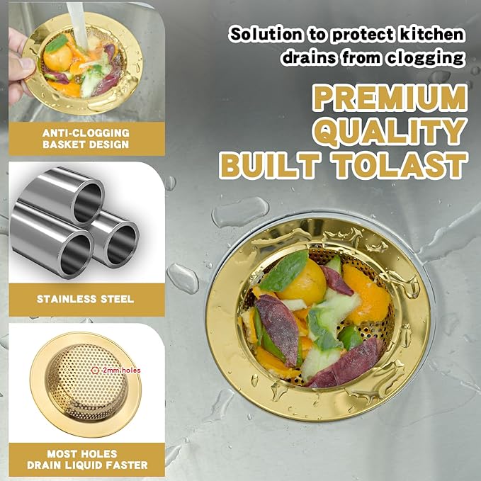 RQYEKDO Kitchen Sink Drain Strainer，2 Pack Stainless Steel and Gold Mesh Sink