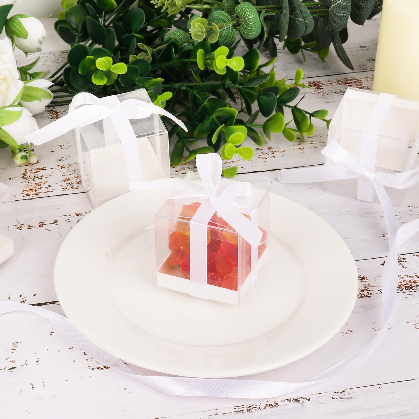 Hxezoc 50 Pack Favor Boxes, 2x2x2 Inches Clear Candy Treat Boxes with White Ribbons, Mini Plastic Gift Boxes for Wedding, Birthday Party, Baby Shower, Classroom Decoration Supplies
