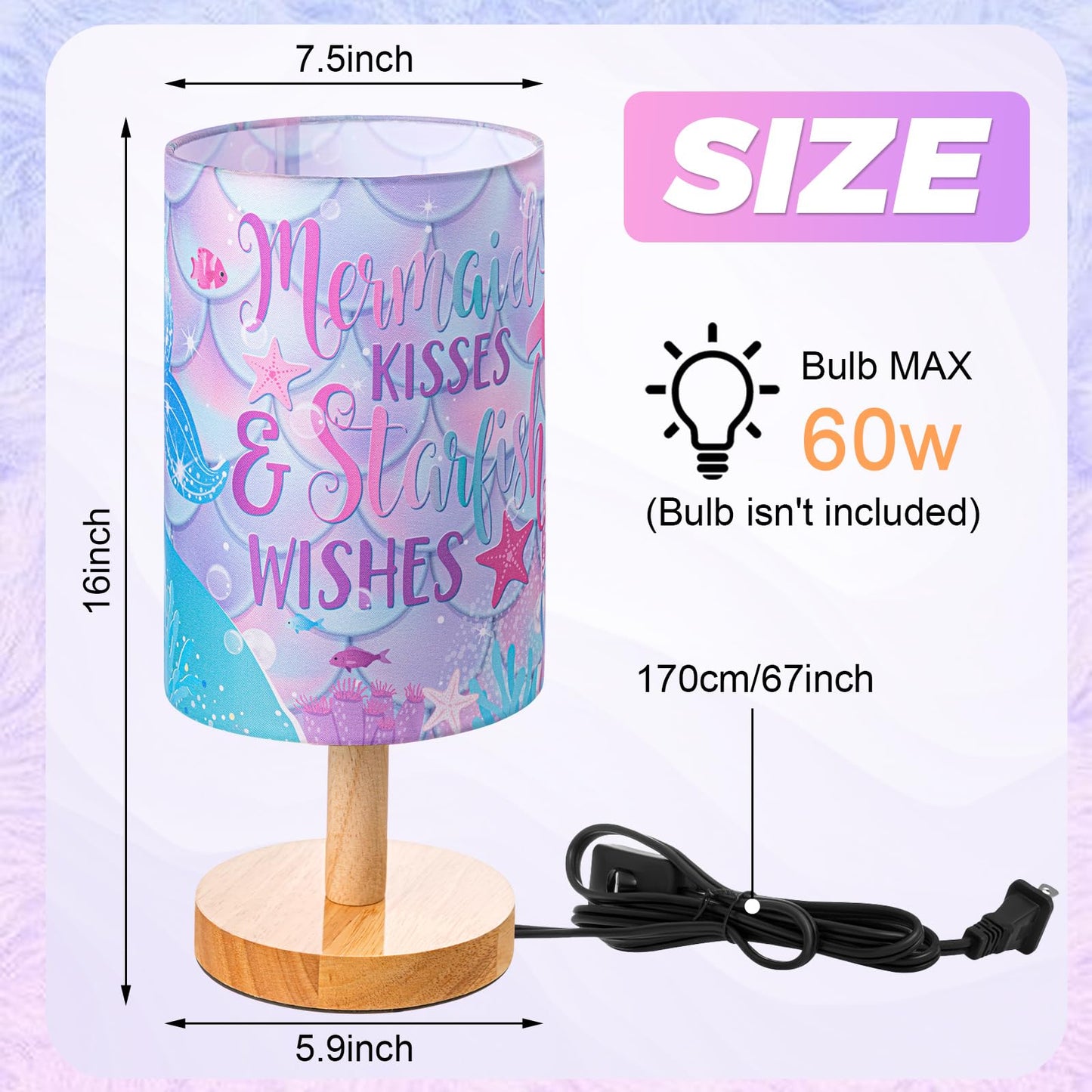 Tujoe Mermaid Lamps Summer Ocean Fabric Nightstand Table Lamp Purple Desk Lamp Bedside Gift Decor for Kids Reading Bedroom Living Room Home Christmas Gift