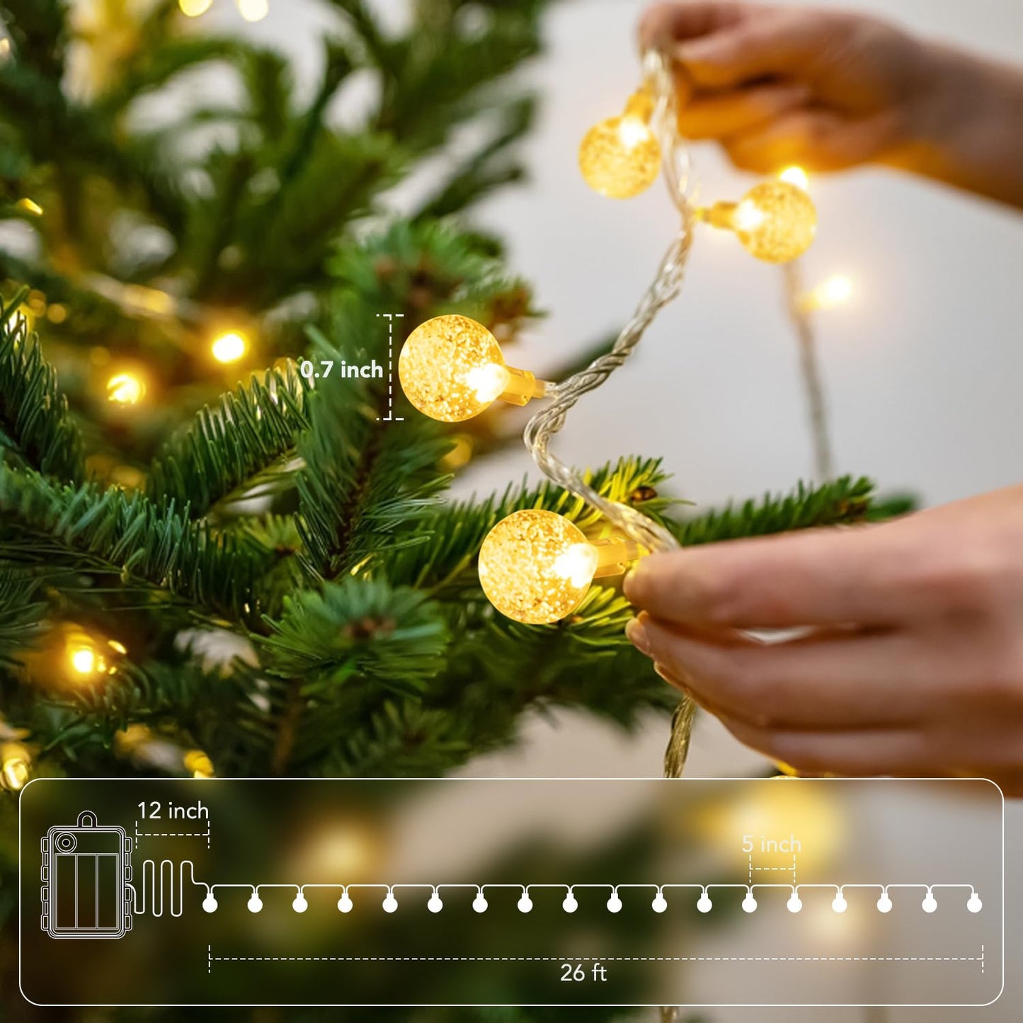 Metaku Globe String Lights Fairy Battery Operated 26ft 60LED with Remote Waterproof Indoor Outdoor Hanging Decorative Christmas for Home Party Patio Garden Wedding