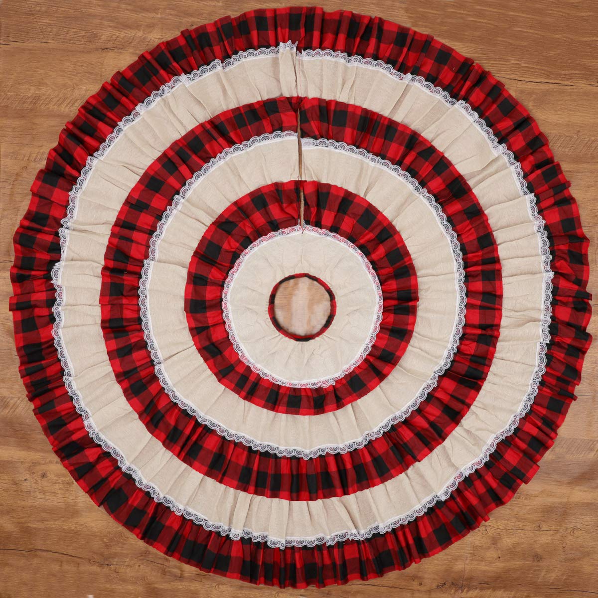 yuboo Burlap Buffalo Plaid Christmas Tree Skirt 48 inches, Red Farmhouse 6-Layer Ruffle Tree Skit with Lace Border for 5-7 FT Trees, Fall Thanksgiving Christmas Decorations