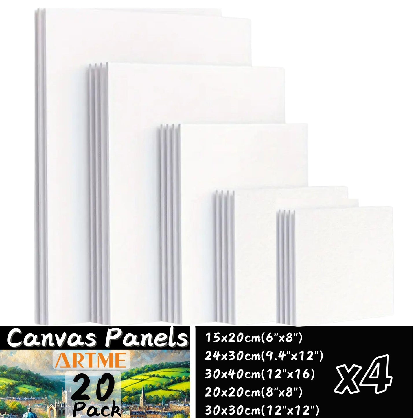 ARTME 20pcs Canvas Panels (15x20-4pk, 24x30-4pk, 30x40-4pk, 20x20-4pk, 30x30-4pk) 3mm Blank Artist Canvas Board / 280GSM/ 100% Cotton/Triple Primed/Acid Free/Medium Grain- Acrylic & Oil Painting