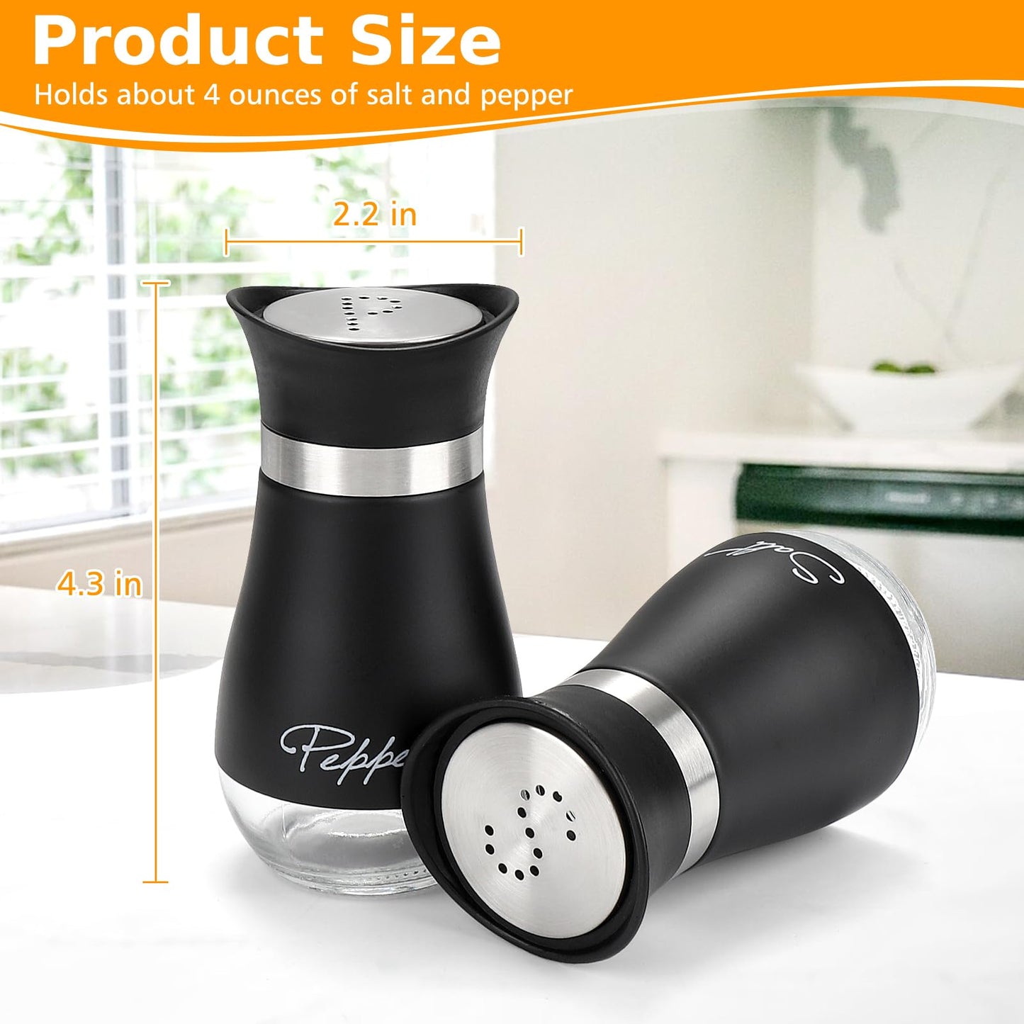 Accmor Salt and Pepper Shakers Set with Holder, 4 oz Stainless Steel Salt Pepper Shaker Containers with Glass Bottom for Kitchen Cooking, BBQ, Bar, Table, RV, Camp