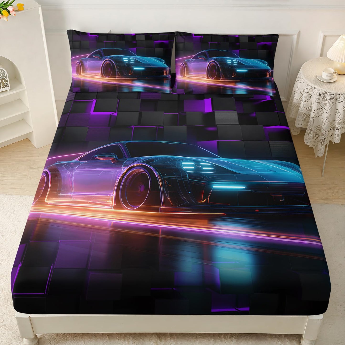 HOSIMA Boys Race Car Twin Bedding Sets,Lightweight Fitted Sheet,Geometric Background Pattern Cool Extreme Sports Bedding for Kids Men Car Room Decor,1 Fitted Sheet+2 Pillowcases.