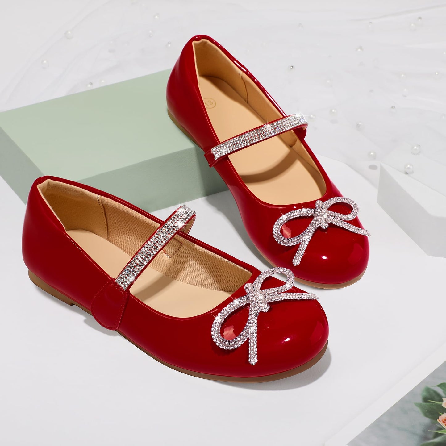 K KomForme Girl's Bow Mary Jane Dress Shoes Ballet Princess Flats with Rhinestone Strap for Party Wedding School, Toddler/Little Kid/Big Kid Red