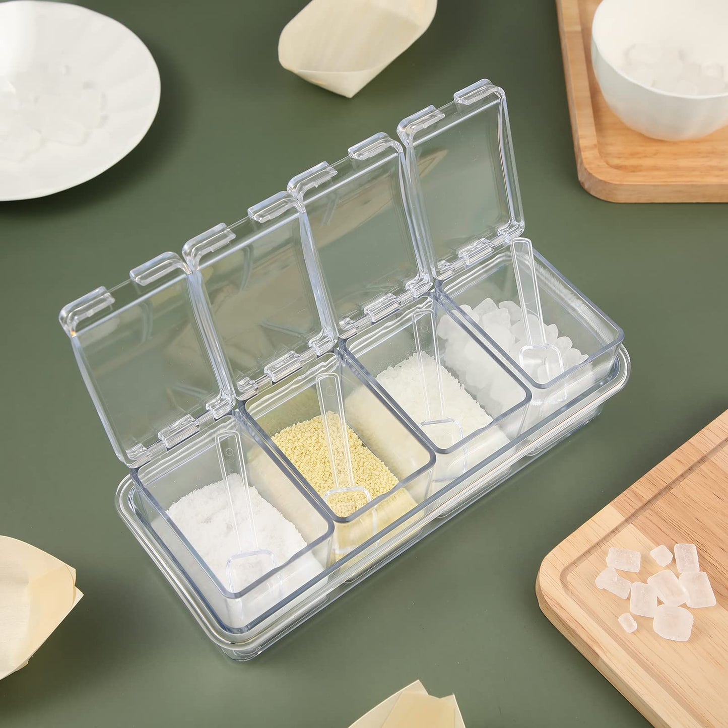 Bokon 4 Set Acrylic Seasoning Box with Spoons, 16 Compartments Clear Spice Organizer, Kitchen Condiment Containers with Lids for Salt, Sugar, Candy