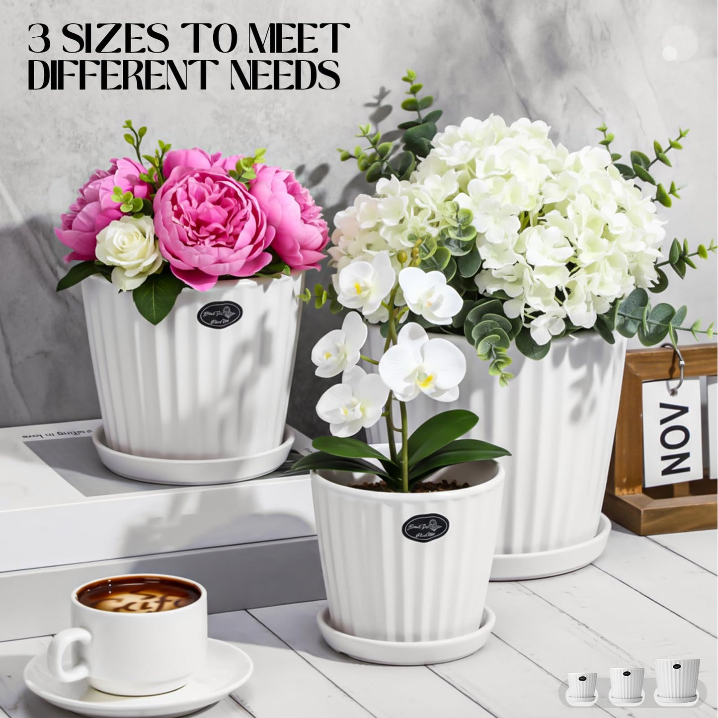 Acellegic 3 Pcs Ceramic Plant Pots 7.3/6/4.7 Inch Ceramic Flower Pot with Drainage Hole and Saucer Decorative Planter Indoor Outdoor for Gardening Home Desktop Office Windowsill Decoration Gift(White)