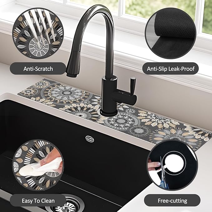 2PCS 24" X 5.5" Kitchen Sink Splash Guard Faucet Mat Mandala Super Absorbent