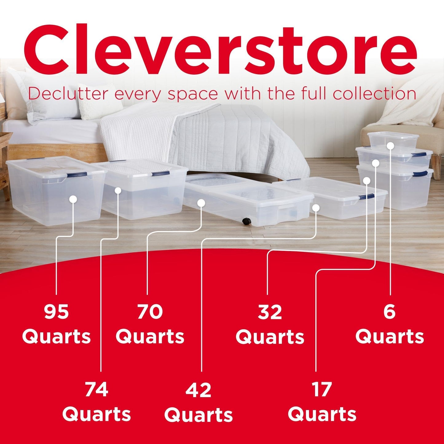 Rubbermaid Cleverstore Clear 32 Qt, 6 Pack Stackable Plastic Storage Bins with Lids, Great for Closet and Laundry Storage, Organizing in the Home
