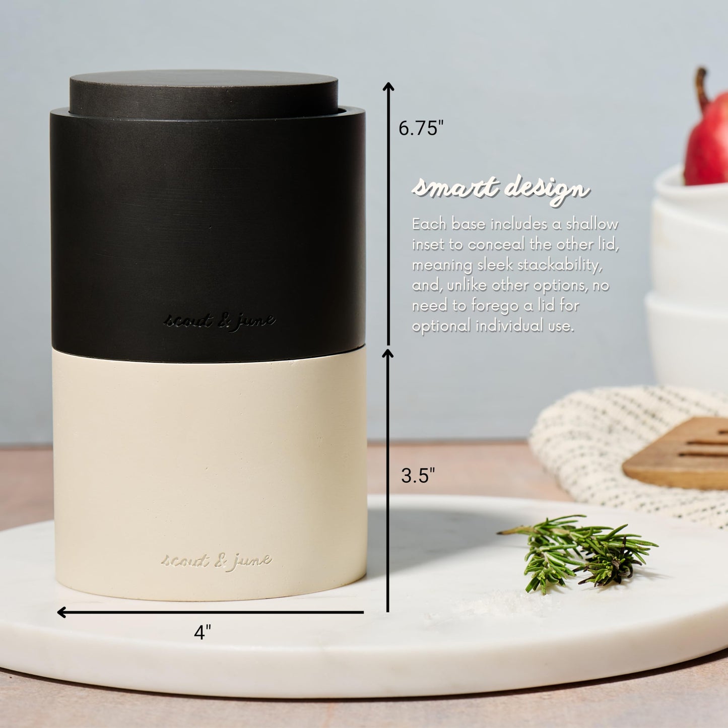 scout & june Stone Salt Cellar - Stackable, Salt and Pepper Bowls for Countertop - Crafted Salt Cellar with Lid - Convenient Kitchen Storage Containers for Spices & Pepper