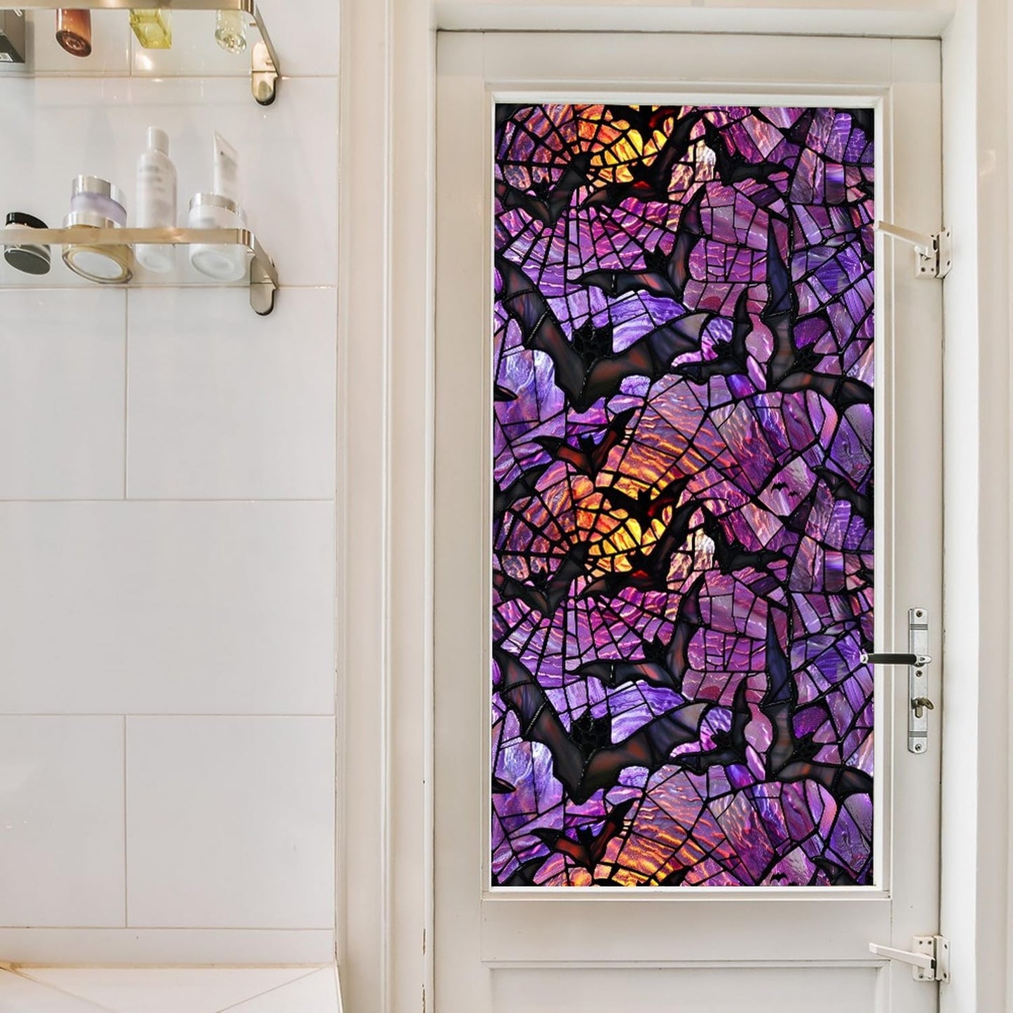 Halloween Window Stickers Privacy Film Static Window Sticker Decal Halloween Bat Window Decals Film Purple Stained Glass Clings Windows Art for Home School Office Glass Decoration