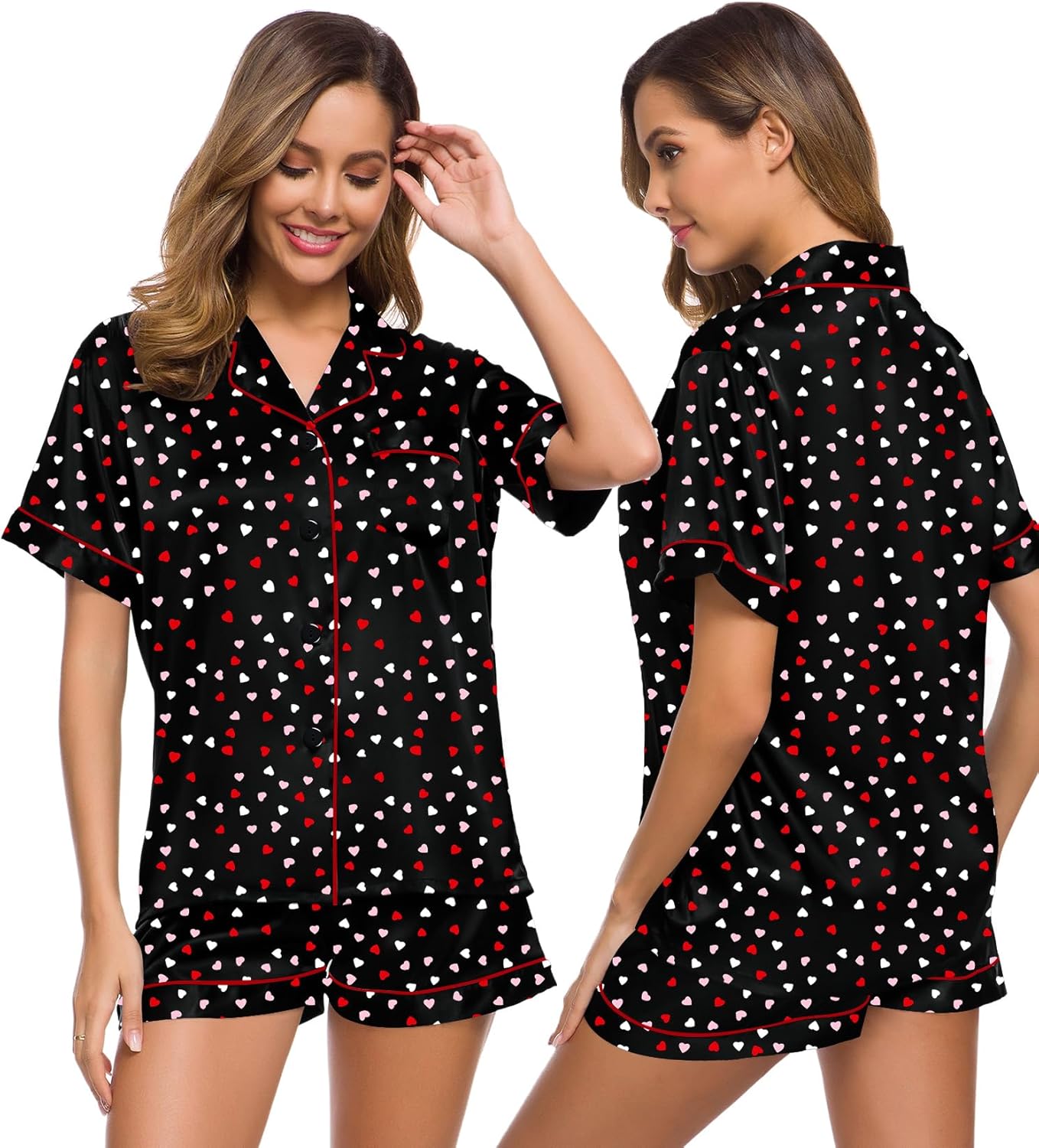 SWOMOG Womens Silk Satin Pajamas Set Short Sleeve Sleepwear Button Down Top and Shorts Loungewear 2 Piece Pjs Set XS-3XL