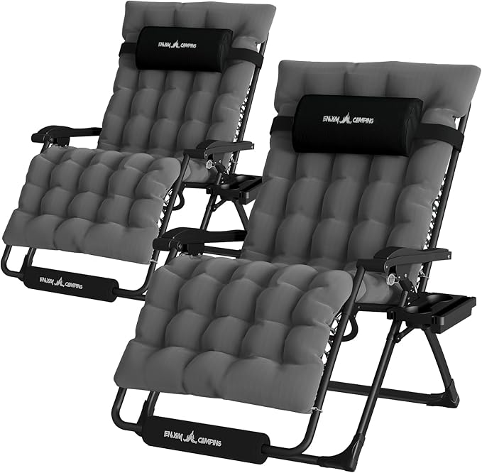 UDPATIO Oversized Zero Gravity Chair Set of 2, 33In XXL Patio Reclining Chair with Cushion, Outdoor Folding Recliner with Pillows|Cup Holder|Foot Rest|Padded Headrest, Dark Grey, Support 502LB