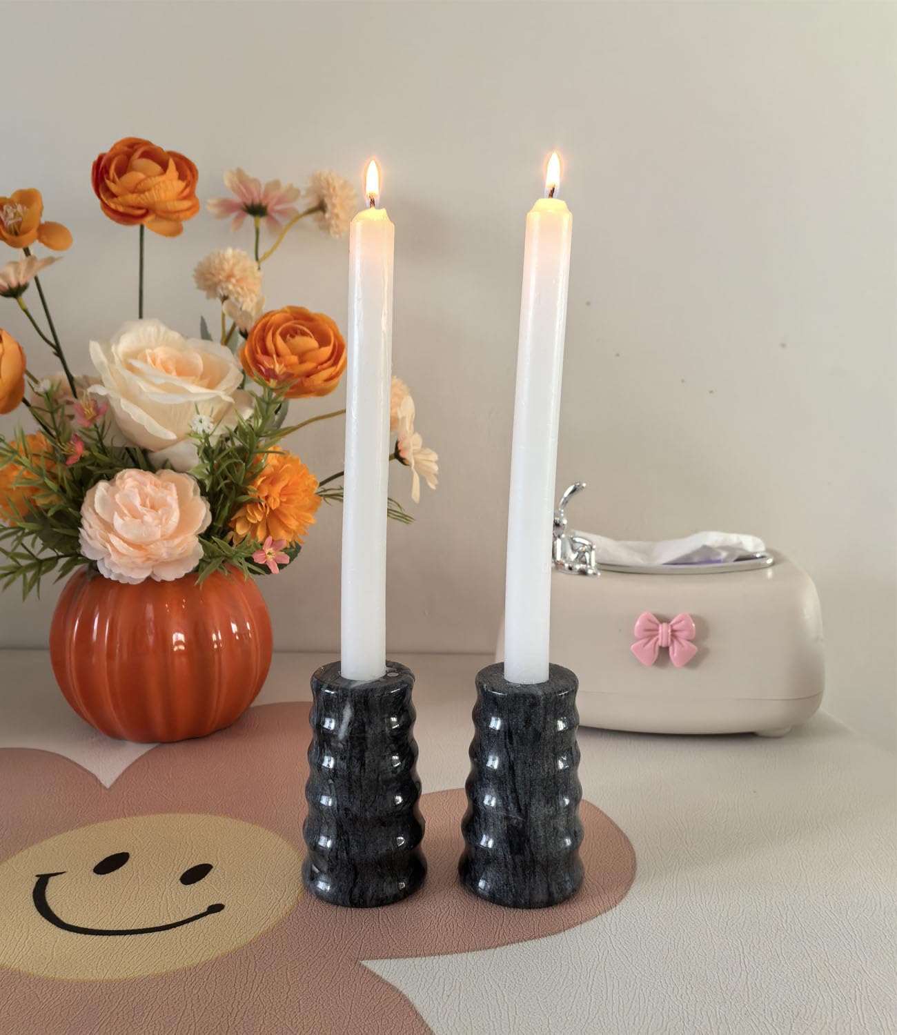 Marble Candlestick Holders, Set of 2 Natural Stone Candle Holder Decorative Candle ，（Marble Black）