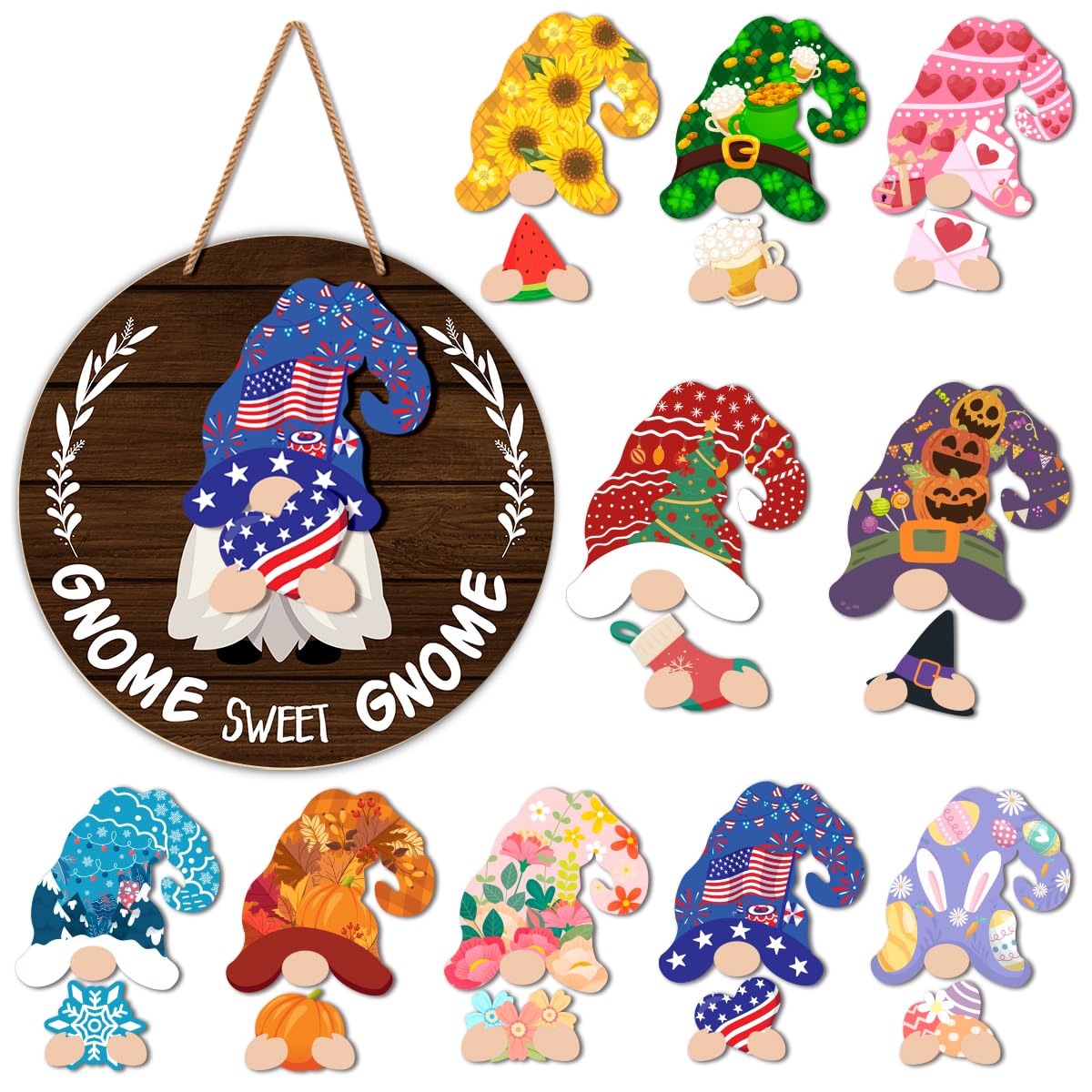 Interchangeable Gnome Welcome Sign Summer Patriotic 4th of July Door Decoration, Changeable Front Porch Decor Wood Wreath Gnomes Gifts for Spring Fall Winter All Seasons Holiday, Antique Brown