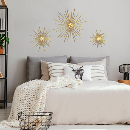 Fourluoo 3 Pcs Metal Starburst Wall Decor Gold Metal Wall Art 3D Spike Bling Finish Star Burst Hangings Accents Sculptures Set Modern Mid Century Decorations for Living Room Bedroom Entryway