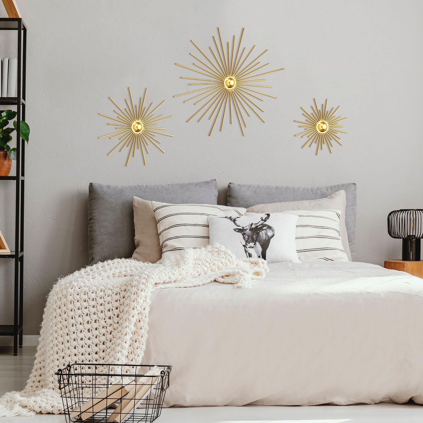 Fourluoo 3 Pcs Metal Starburst Wall Decor Gold Metal Wall Art 3D Spike Bling Finish Star Burst Hangings Accents Sculptures Set Modern Mid Century Decorations for Living Room Bedroom Entryway