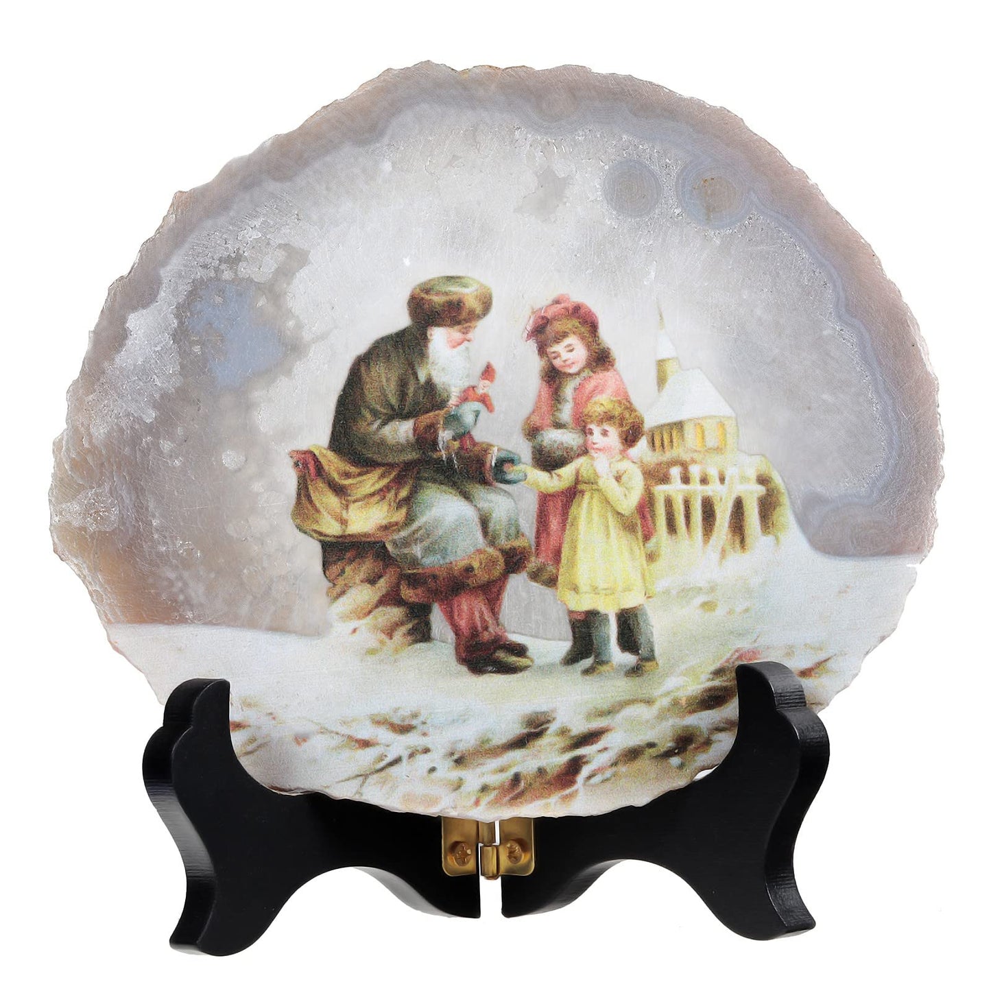 Nupuyai Natural Agate Stone Slice Decor for Home Office, Irregular Geode Agate Painting Artwork with Wooden Stand, Landscape-1