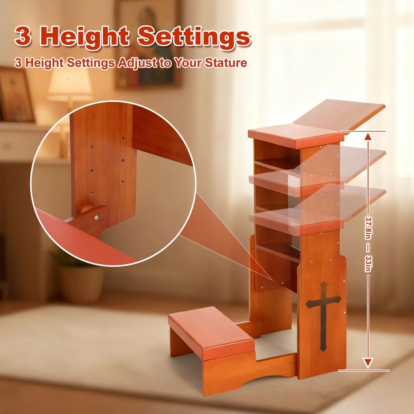 Fanwer Folding Prayer Bench for Home Use - Adjustable Wooden Kneeler for Prayer & Meditation, Compact Kneeling Altar with Bookshelf, Ideal for Church, Chapel, or Personal Devotion