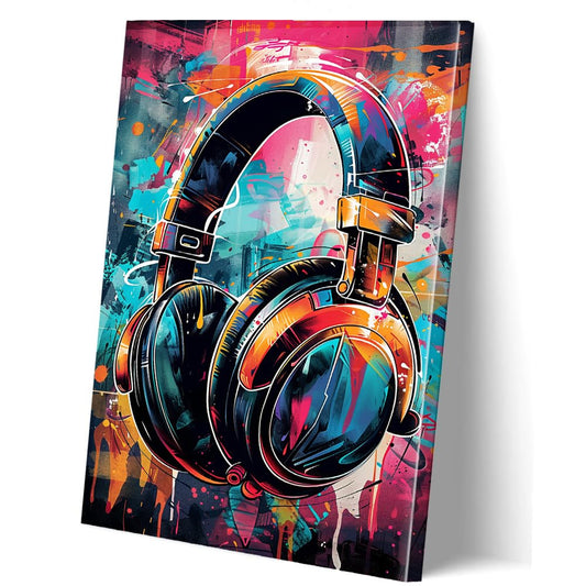 KDKJTOP Colorful Headphone Picture, Graffiti Headphone Canvas Wall Art, 12x16in/30x40cm Colorful Music Wall Art for Music Room, Game Room Decor, Framed Ready to Hang