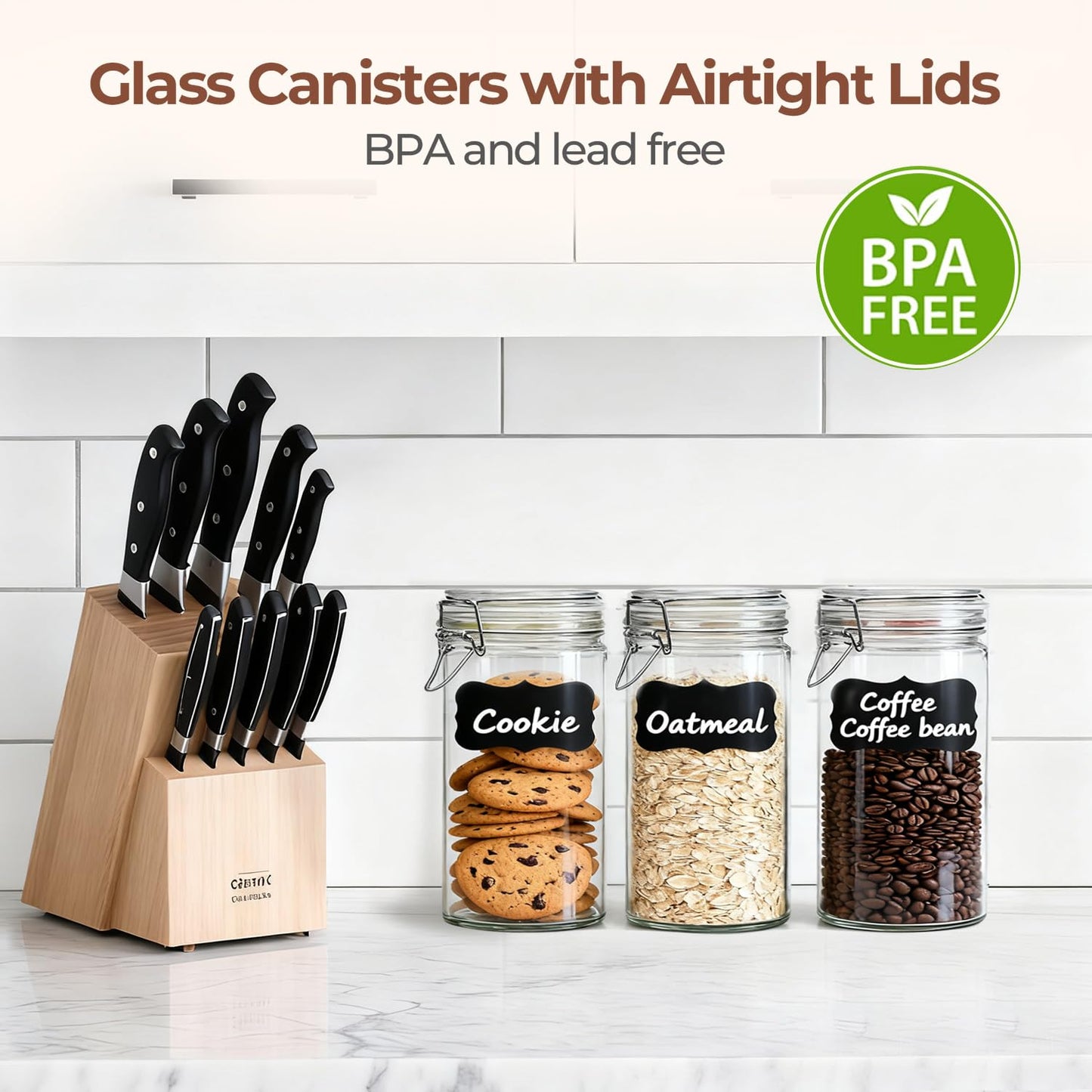 ComSaf 1 Quart Glass Jars with Airtight Lids (32oz, Set of 3), Straight-Sided Canisters for Sourdough Starter & Fermenting, 1L Hermetic Pantry Storage for Flour, Sugar, and Coffee