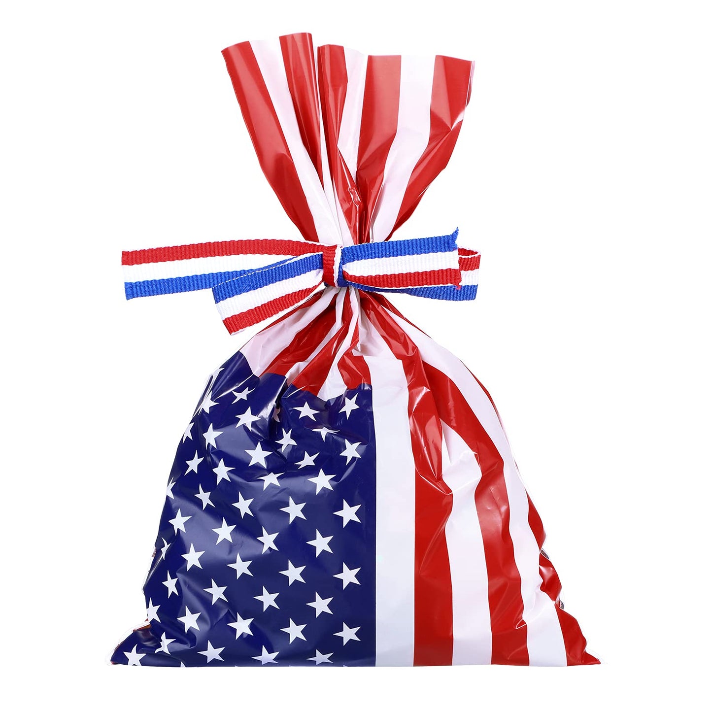 Tenare 100 Pcs Patriotic Gift Cellophane Bags Bulk 4th of July Plastic Red White Blue Flag Treat Goodie Bags 250th Anniversary Treat Goodie Candy Pouches with Ribbon for Independence Day Party Favors