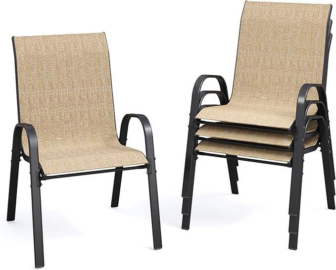 Patio Dining Chairs Set of 4, Outdoor High Stacking Chairs for All Weather, Breathable Seat Fabric and Alloy Steel Frame for Backyard, Porch, Garden (Brown)
