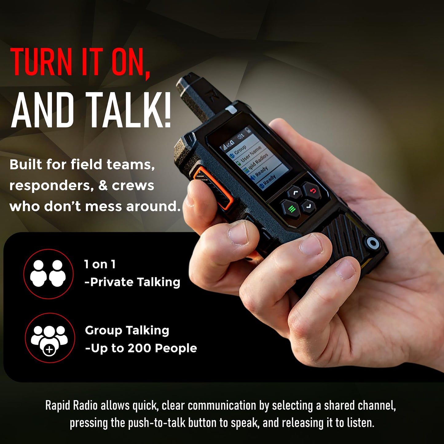 Rapid Radios RAD1 2-Pack Waterproof Rugged LTE + Wi-Fi Push-to-Talk Radio Nationwide Communication, IPX6 Weatherproof, Long Battery Life, Paging & Group Talk, PTT Radio