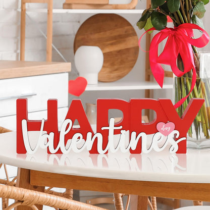 COCHIE Wooden Happy Valentine's Day Sign, Valentine Decorations for Home, Office, Shelf, Mantel, Indoor, Wood Heart Decor, Red Pink Table Top Party Decoration (Valentines)