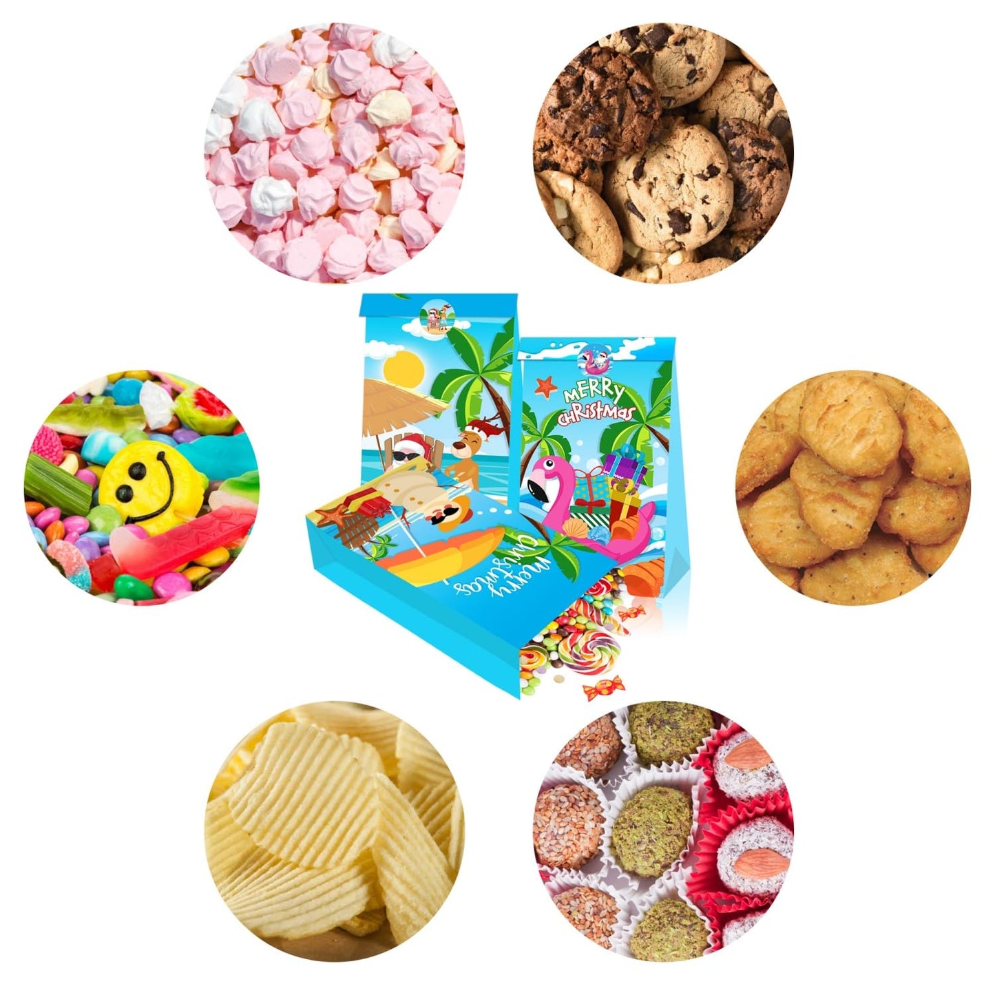 KYMY 12PCS Summer Christmas Party Favor Bags, Hawaiian Beach Paper Totes with Stickers, July Xmas Tropical Santa & Flamingo Treat Bags for Luau Holiday Party Decorations Supplies