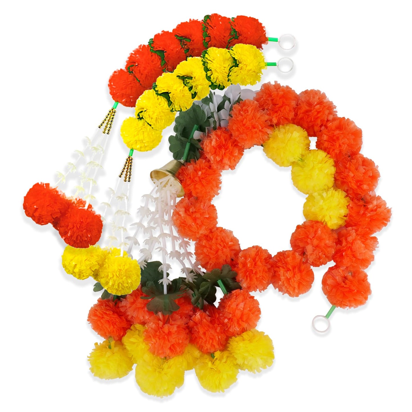 11PCS Diwali Decorations Marigold Garland for Home, Artificial Marigold with Bells and Leaves Long Strands for India Wedding, Pooja Decor, Marigold Flowers for All Year Decoration