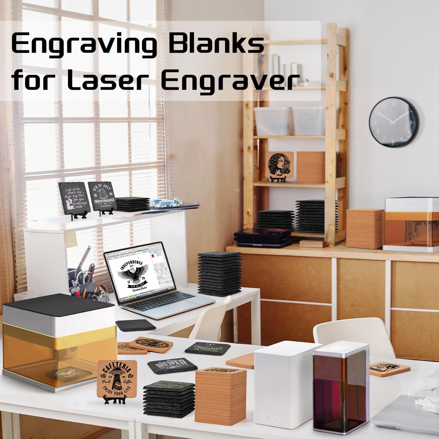 100 PCS Coaster Bulk for Laser Engraving, MAPRIAL 4 Inch 50 PCS Blanks Black Handmade Slate Stone Coasters, 50 PCS Cork Coasters, Engravable Materials for Engraver, Gifts, Crafts, Square