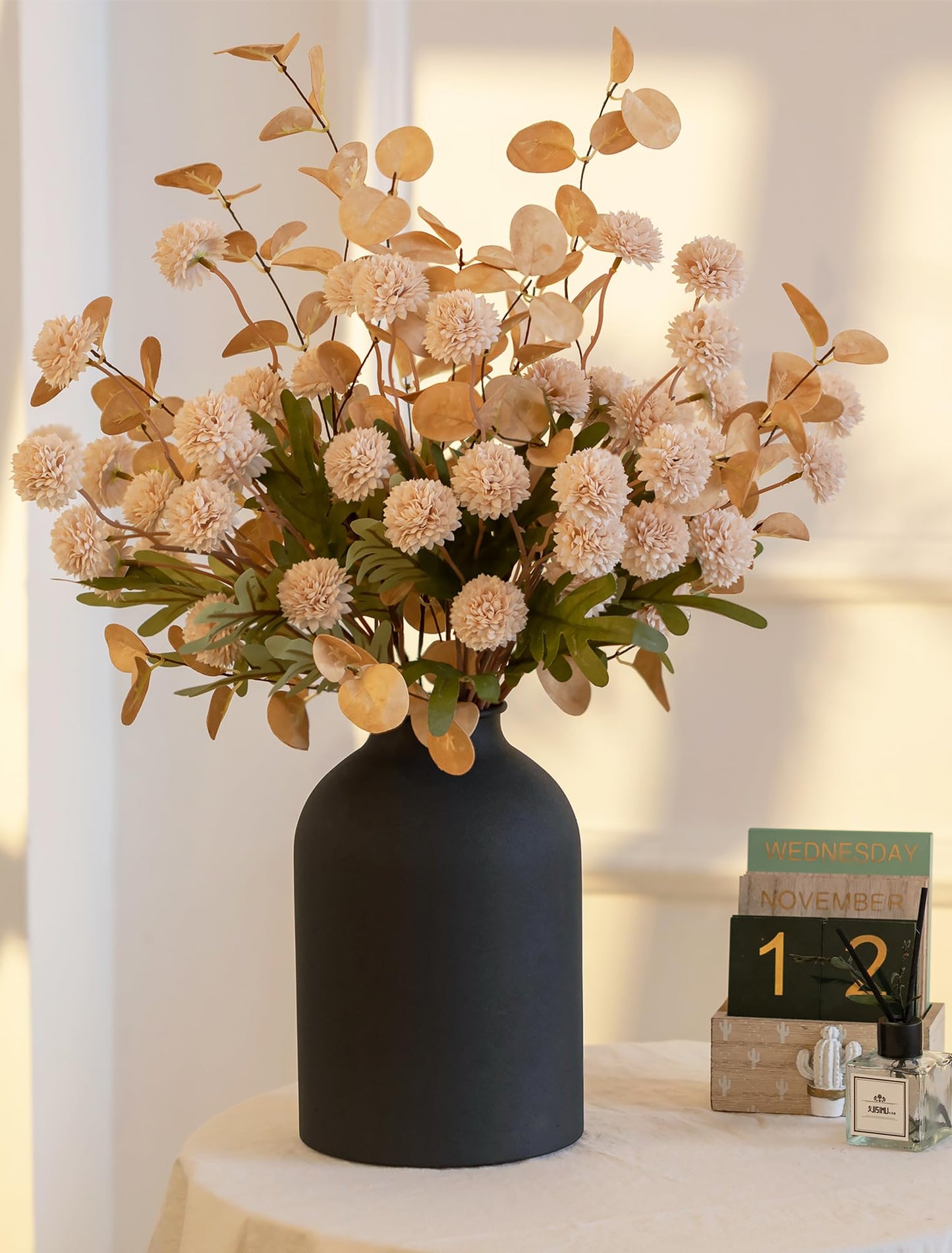 BLOSMON Fake Flowers Centerpieces for Tables: Gifts for Women Metal Vase with 12 Stems of Artificial Mums Kiku Eucalyptuses for Dining Room - Beige Faux Floral Arrangements in vase