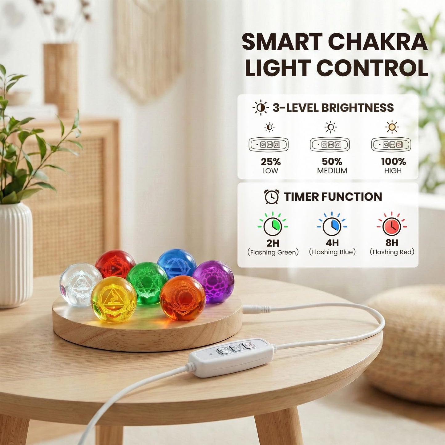 Hivexagon 7 40mm Chakra Crystal Ball Equipped with LED Wooden Base Come with Dimmer and Timer Cable for Meditation, Feng Shui Divination, Night Light Decorative, Gift (16X16X2cm)