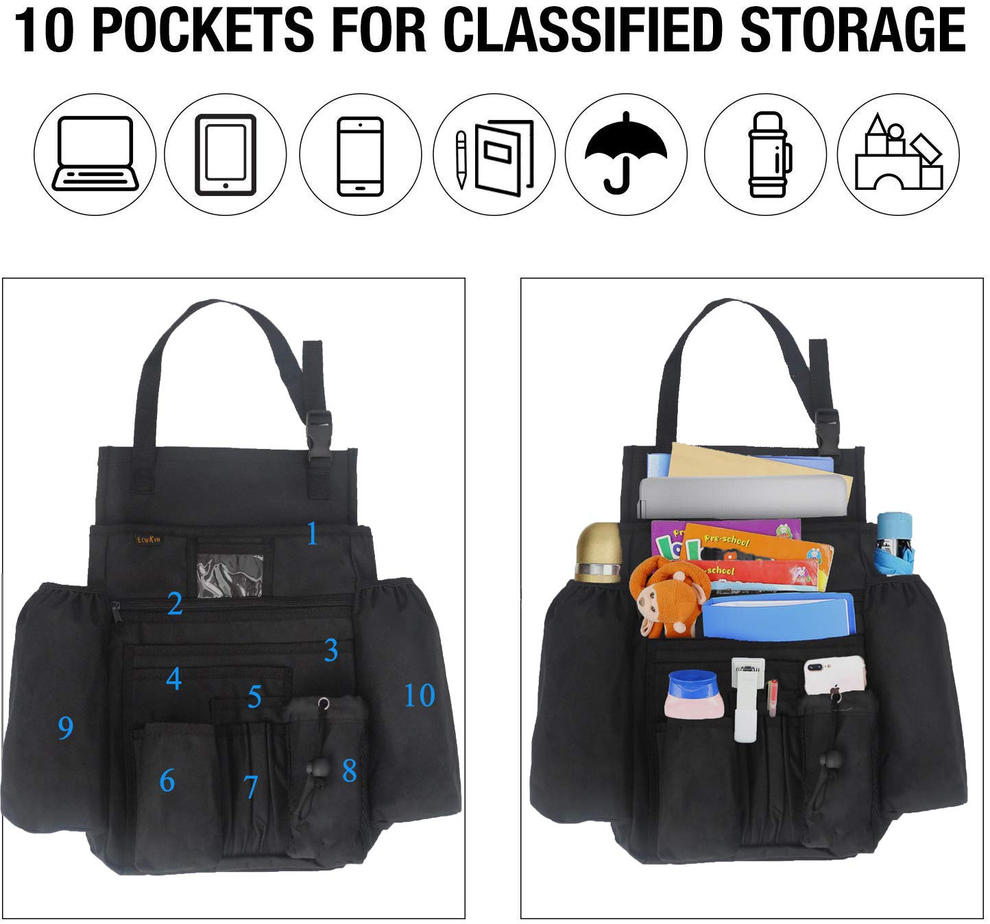 ECWKVN Car Front Seat Organiser -Car File Patrol Bag,Heavy Duty Passenger Tidy Backseat Organiser-Vehicle Storage Bag with 10 Multi Pockets for Laptops Tablet Cup Holder,Black