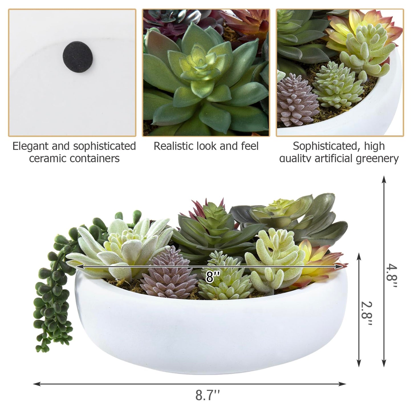 MyGift 8 Inch Round Modern Artificial Succulent Arrangement Potted in White Concrete Plant Bowl, Assorted Faux Mini Succulents in a Decorative Planter Pot