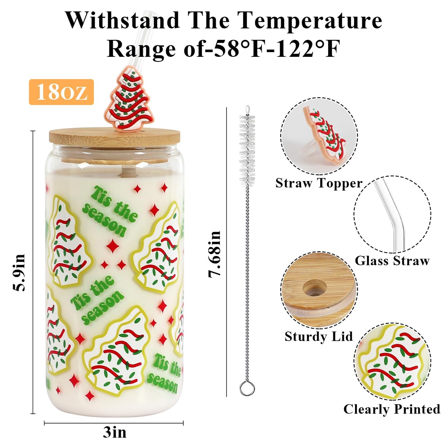 Joyseller Christmas Gift Glass Cup, Christmas Iced Coffee Tumbler with Festive Holiday Tree Cakes Design, 18oz Reusable Beer Can Drinking Glass for Holiday Tea & Winter Beverages