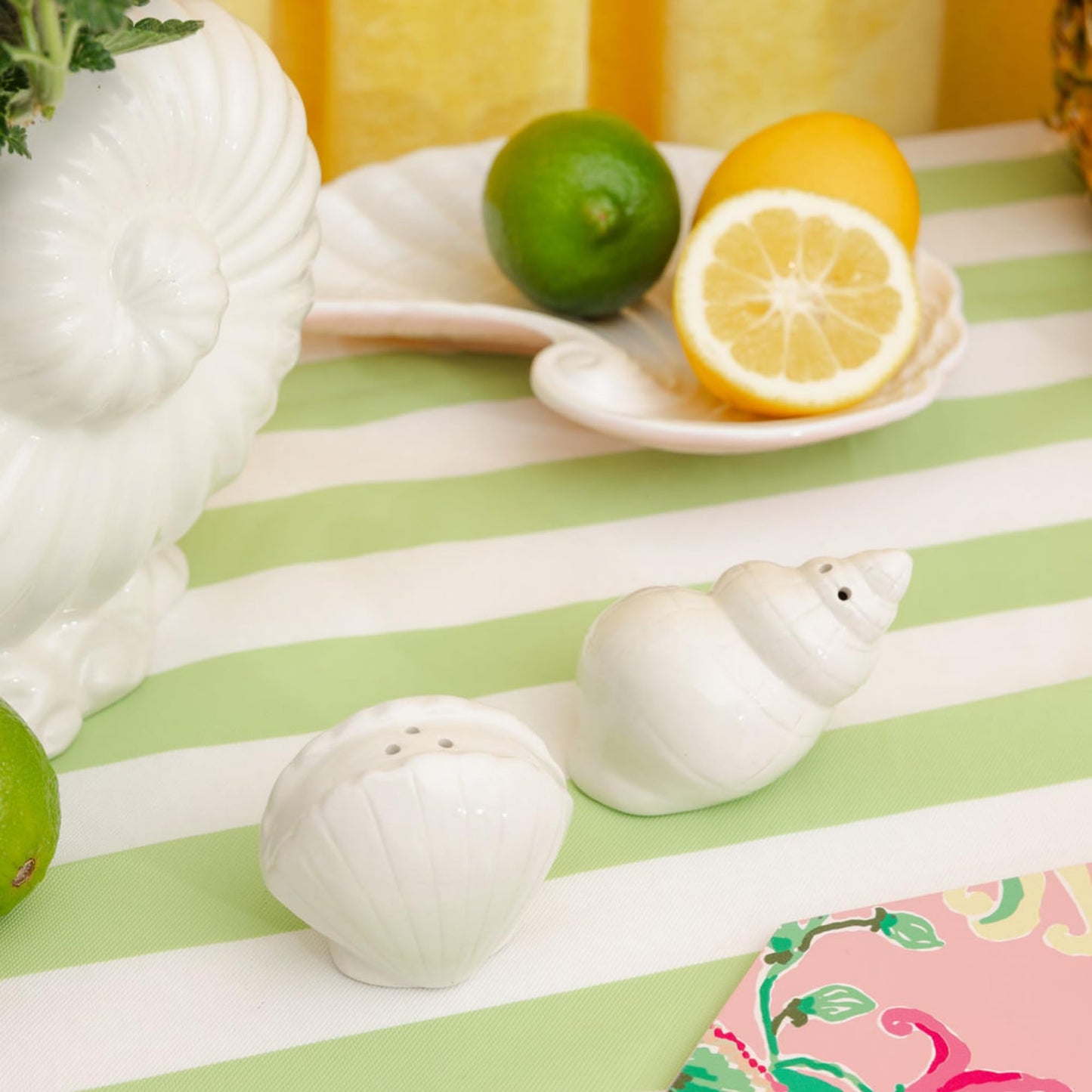 Lilly Pulitzer Ceramic Shell Salt and Pepper Shakers Set, White Conch & Scallop Design, Decorative Coastal Kitchen Tabletop Décor (Resort White)
