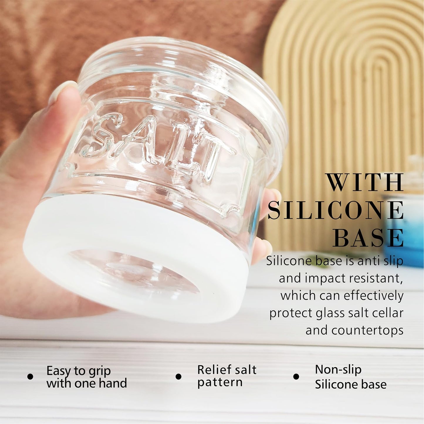 FANQIEW Glass Salt Cellar with Lid Salt Container with Spoon for Countertop Embossed Pattern Salt Box for Storing Sea Salt Flaky Salt Spice 12oz Capacity Holder, Dishwasher Safe